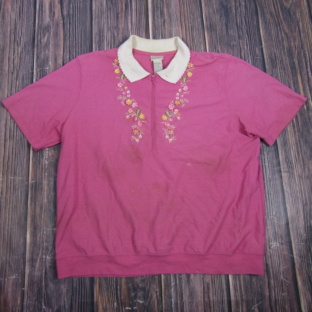 Koret Francisca Polo Womens XL Pink Embroidered 1/2 Zip Collared Granny Core
